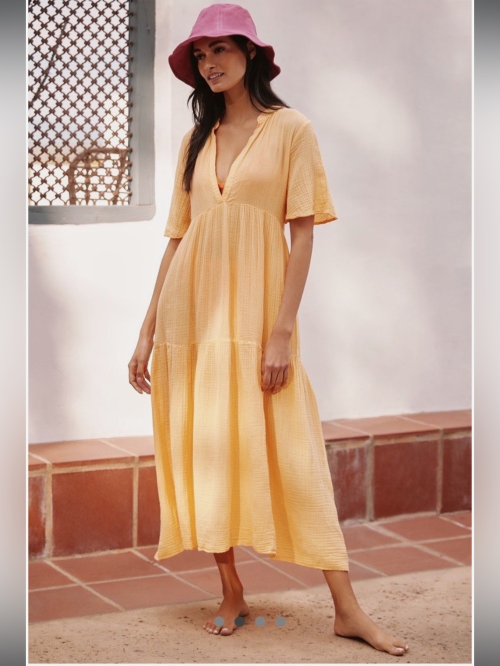 Anthropologie Celadine Lightweight Yellow Tiered Maxi Dress Gauze V-Neck Beach